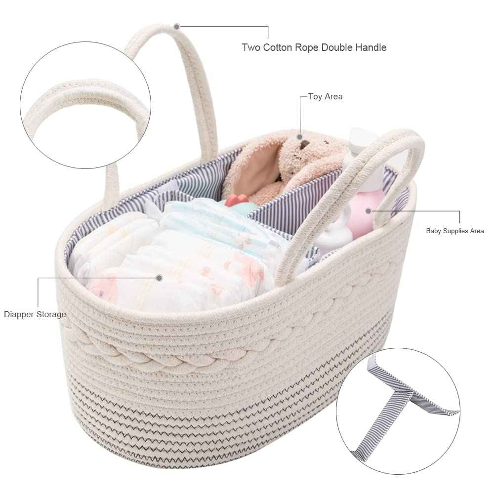 Baby Nappy Caddy Organiser, Multifunctional Storage Box for Nappies, with Interchangeable Compartments, 100% Cotton Linen, Portable Storage Basket for Nappies, Baby Shower Gift