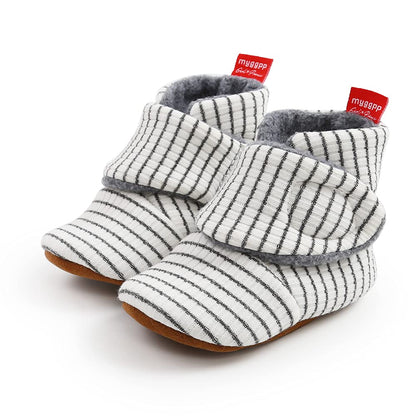 Sehfupoye Toddler Baby Boys Girls Cotton Booties Shoes Striped Soft Sole Newborn First Hiking Shoes Warm Fleece Boots 0-18M