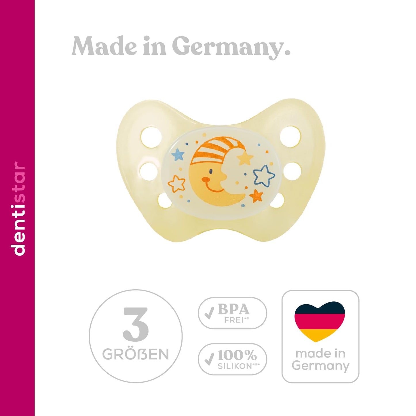dentistar Night Silikon Schnuller 3er-Set - Größe 1 Schnuller 0-6 Monate - Glow in the Dark Nuckel mit Dentalstufe – BPA-frei – Made in Germany - Katze, Rosa