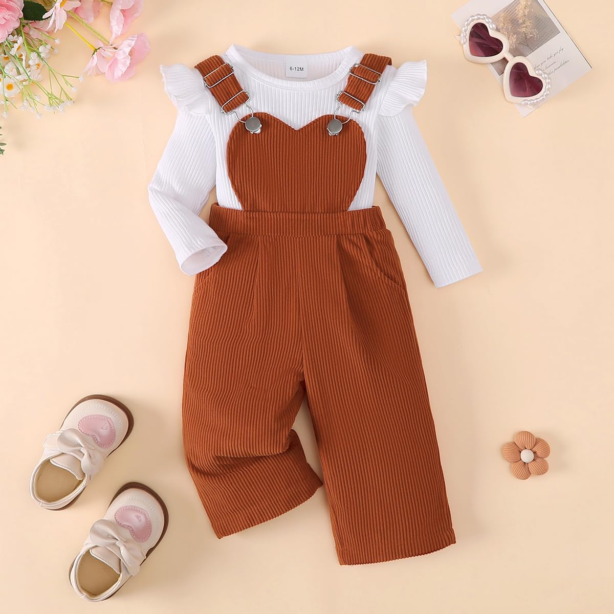 Baby Mädchen Sommer Outfits Rüschen Kurzarm Ripptop+ Blumen/Herzmuster Overalls Shorts Mit Tasche Süßes 2-Teiliges Kleidungsset