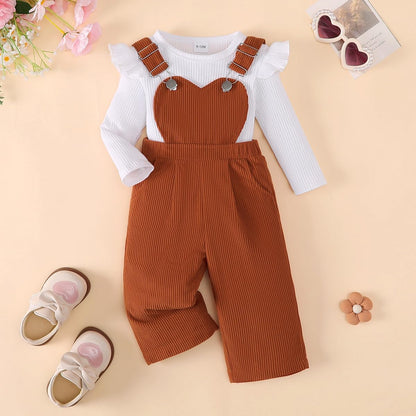 Baby Mädchen Sommer Outfits Rüschen Kurzarm Ripptop+ Blumen/Herzmuster Overalls Shorts Mit Tasche Süßes 2-Teiliges Kleidungsset