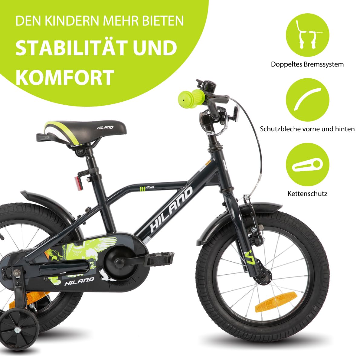 Hiland 12/14/16/20 Zoll Kinderfahrrad, Jungen Fahrrad für 3-10 Jahre, mit Stützrädern, Kinderfahrrad mit Handbremse und Rücktrittbremse, Schwarz/Grün/Blau/Orange - Meloni2