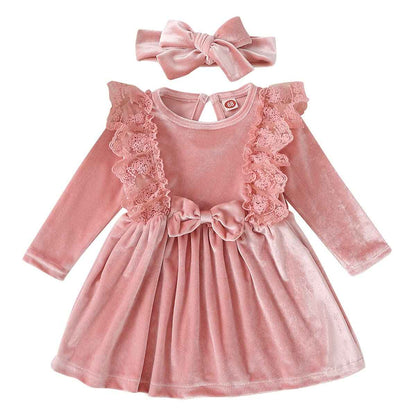 Baby Dress Girls Long Sleeve Lace A Line Princess Velvet Dress + Headband Wedding Festive Autumn Winter Clothing