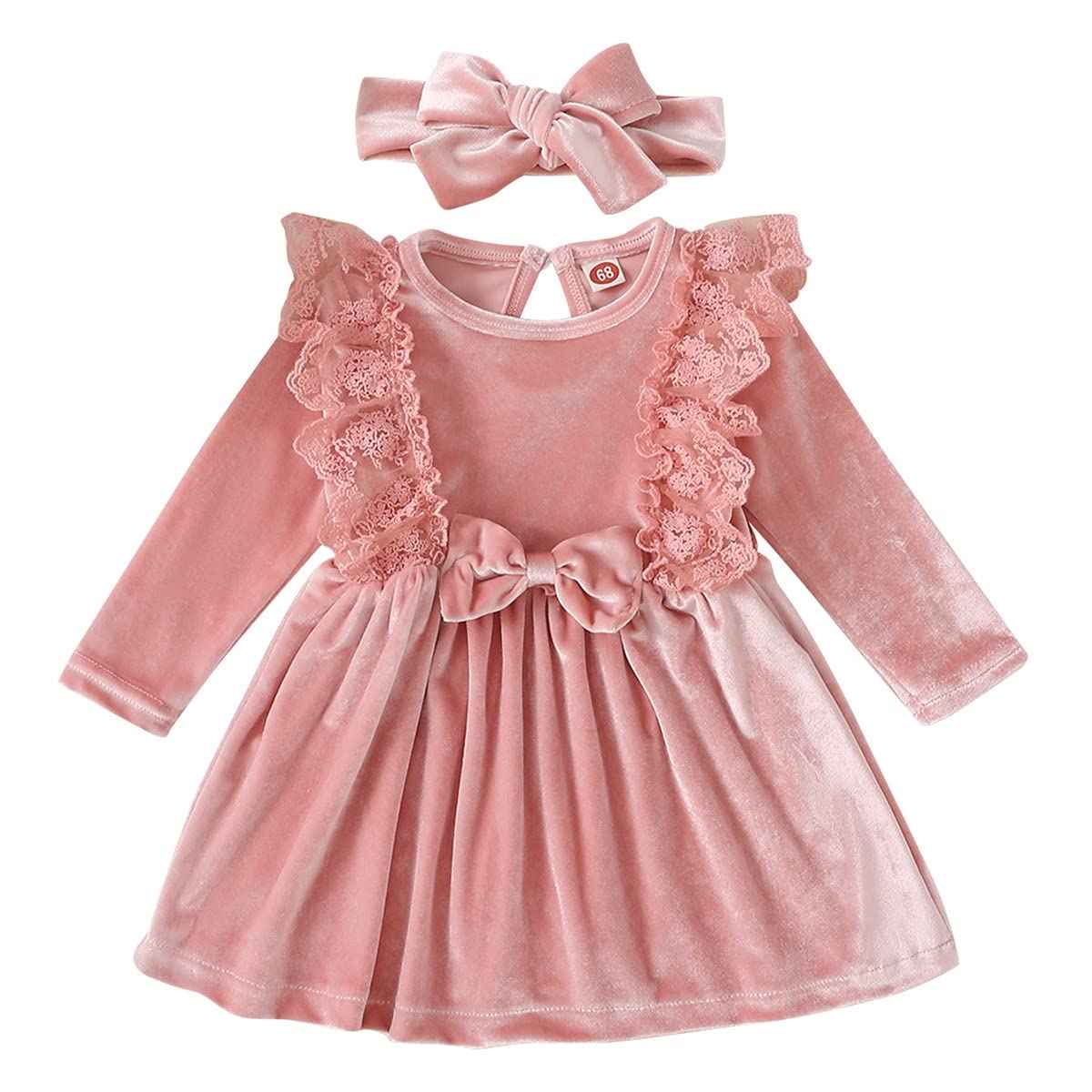 Baby Dress Girls Long Sleeve Lace A Line Princess Velvet Dress + Headband Wedding Festive Autumn Winter Clothing