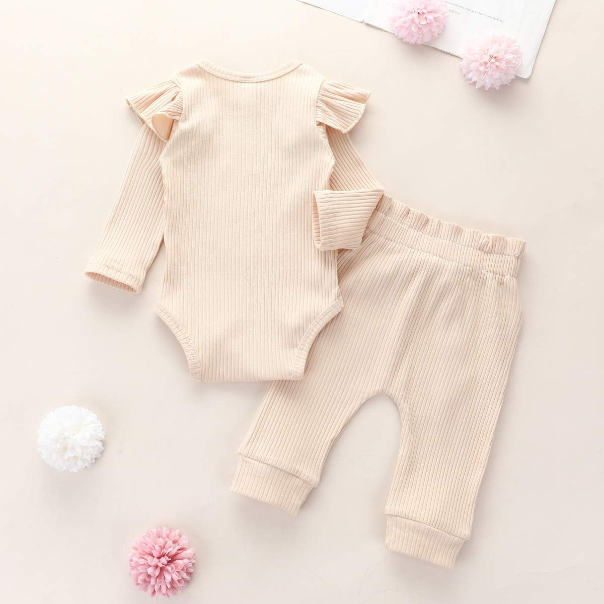 Baby Mädchen Kleidung Set, Weiches Neugeborenes Outfit mit Langarm Bodysuit Strampler, Hose und Stirnband / Hut