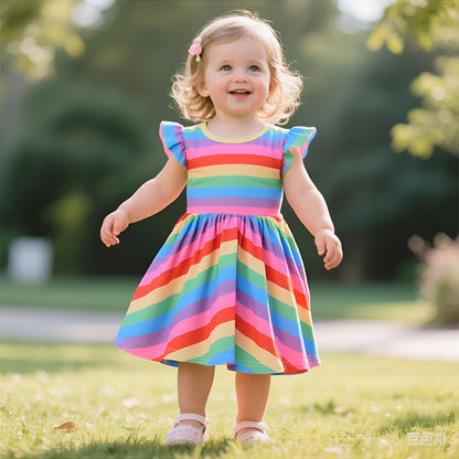 EULLA Kinder Mädchen Kleid Kurzarm Lässig A-Linie Regenbogenstreifen Erdbeere Marienkäfer Schmetterling Kleider Gr.92 98 104 110 116 122