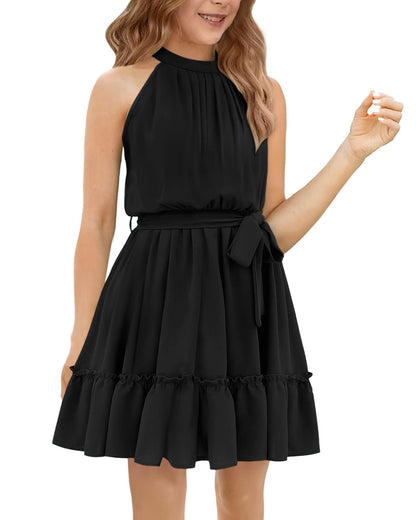 Halomoning Girls Dress Sleeveless Simple Classic Casual Knee Length for Kids Summer Princess Party Wedding Tie Waist A-Line 