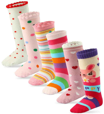 6 Pairs Toddler Girls ABS Non-Slip Socks Knee High Cotton Grip Socks Baby Girl Non-Slip Socks