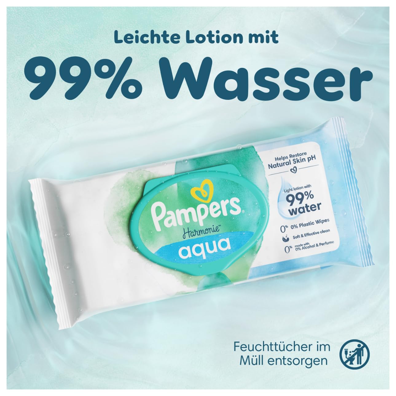 Pampers Harmonie Aqua Wet Wipes 6 Packs of 48 Wet Wipes, 288 Wet Wipes to Help Restore Skin's Natural pH Value Lightweight Lotion with 99 Percent Water