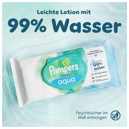 Pampers Harmonie Aqua Wet Wipes 6 Packs of 48 Wet Wipes, 288 Wet Wipes to Help Restore Skin's Natural pH Value Lightweight Lotion with 99 Percent Water