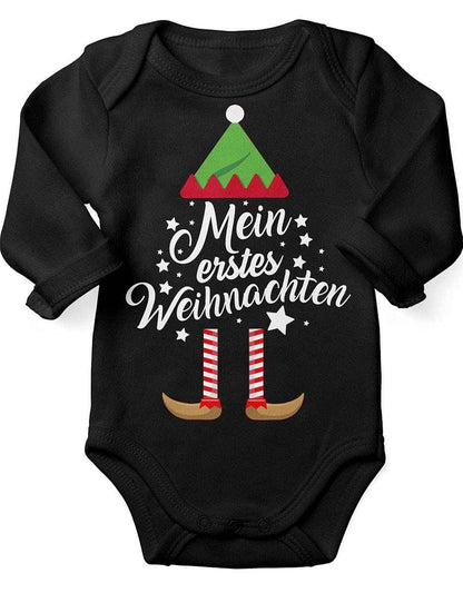 Mikalino Baby Bodysuit with Saying in German for Boys, Girls, Unisex, Long Sleeve, Mein erstes Weihnachten Saying (Christmas Elf), Hand Printed in Germany, Handmade with Love