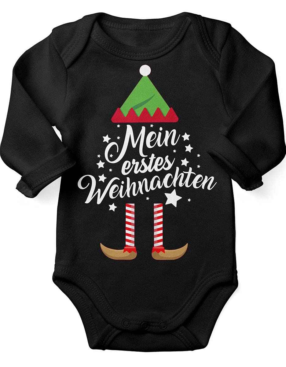 Mikalino Baby Bodysuit with Saying in German for Boys, Girls, Unisex, Long Sleeve, Mein erstes Weihnachten Saying (Christmas Elf), Hand Printed in Germany, Handmade with Love
