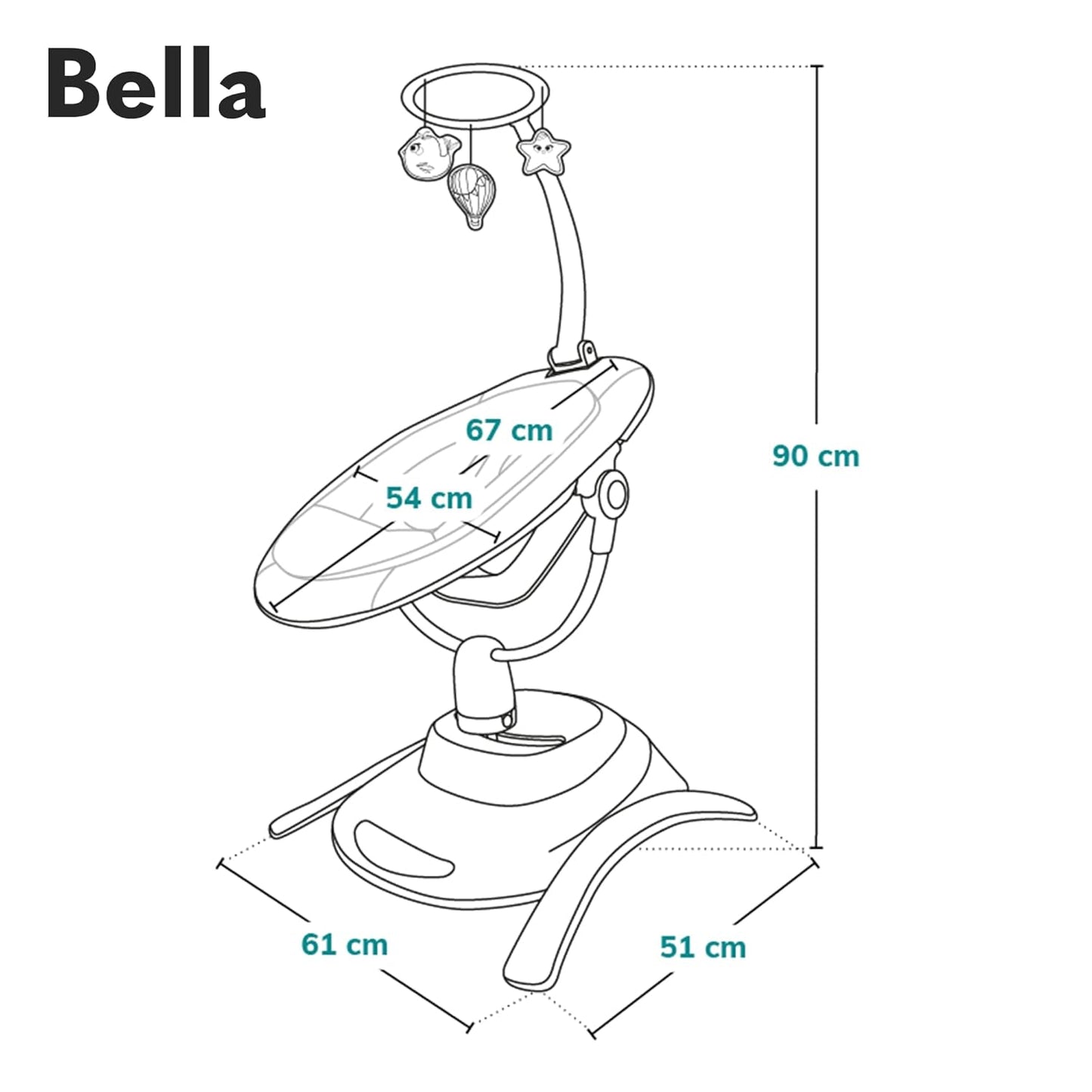 LIONELO Bella Elektrische Babywippe 360o für Babys bis 9 kg, verstellbare Rückenlehne, 5 Schaukelgeschwindigkeiten Sicherheitsgurt Erkennung von Bewegungen Anti-Rutsch