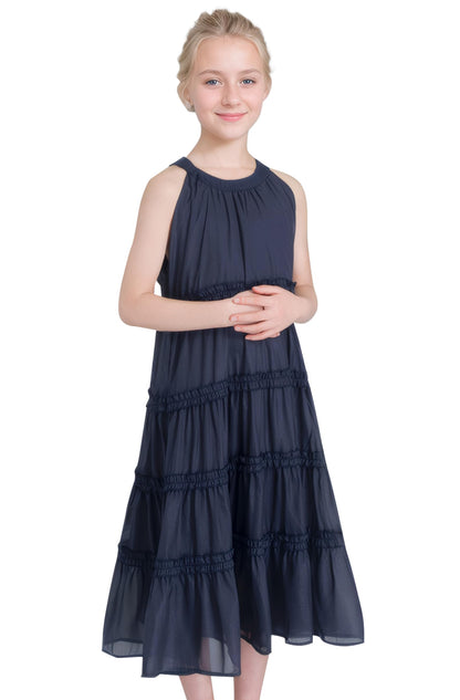 SOLOCOTE Girls Midi Dress Sleeveless Off Shoulder Ruffles A-Line Summer Elegant Casual Dress 