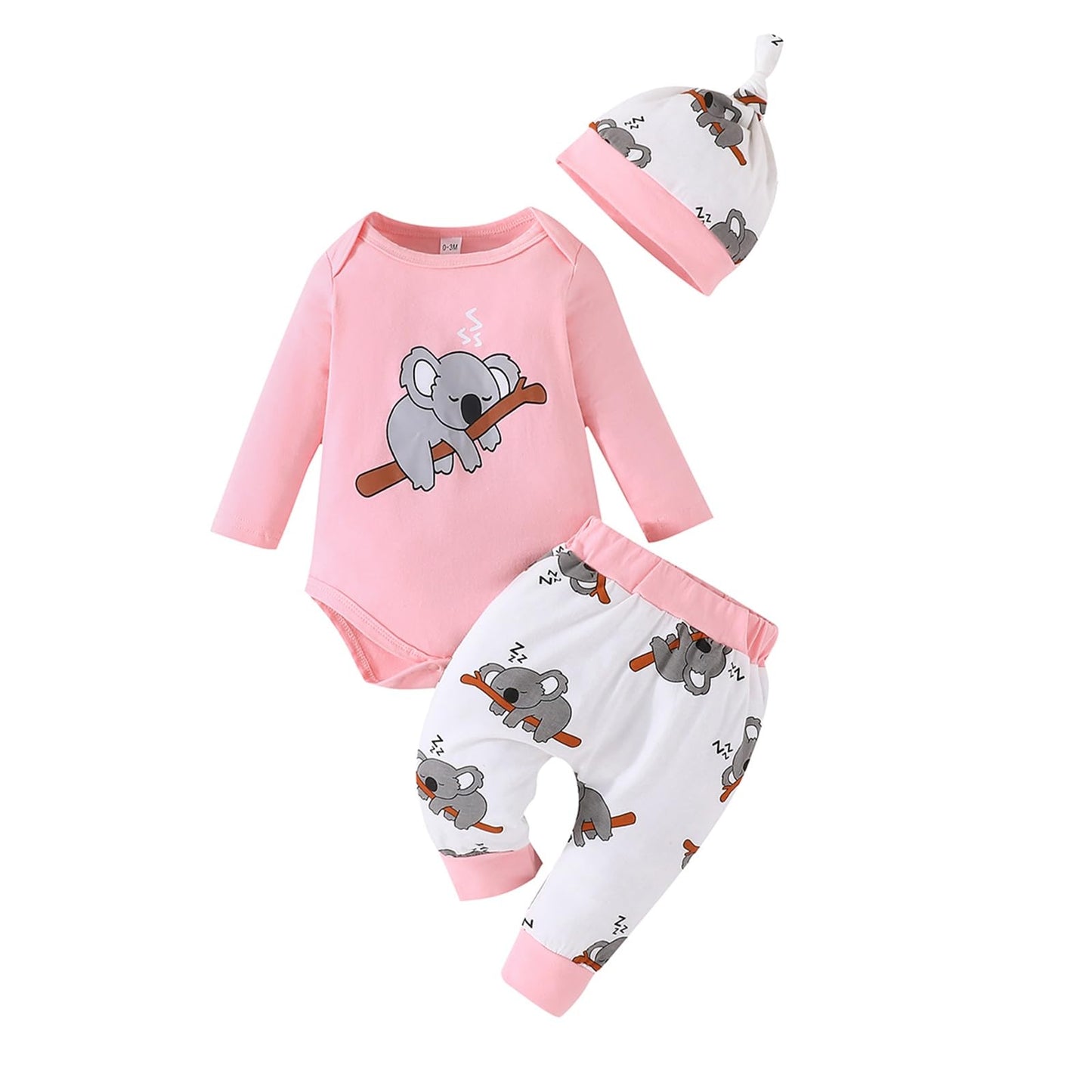Himllauen Baby Jungen Mädchen 3-teiliges Set Koala Print Body + Hose + Hut Baby Set Kleinkind Kleidung Niedliche Outfit