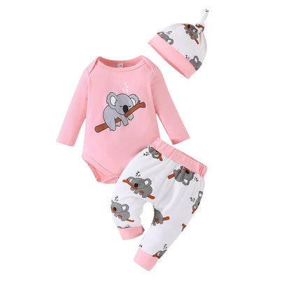Himllauen Baby Jungen Mädchen 3-teiliges Set Koala Print Body + Hose + Hut Baby Set Kleinkind Kleidung Niedliche Outfit