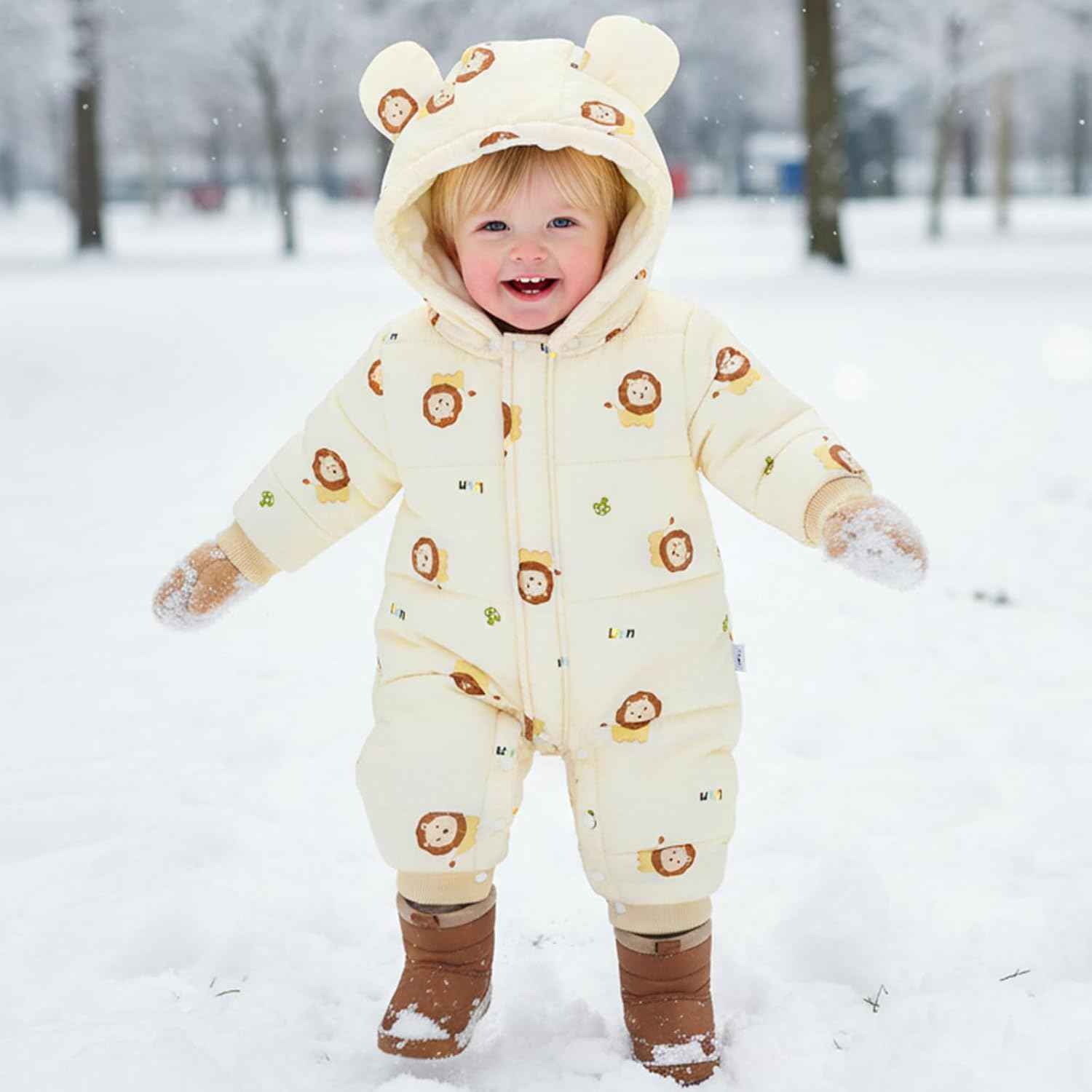 JiAmy Baby Snowsuit, Toddler Winter Romper Girls Boys Winter Jumpsuit with Hood Long Sleeve Jumpsuit Cute Prints for 3-24 Months