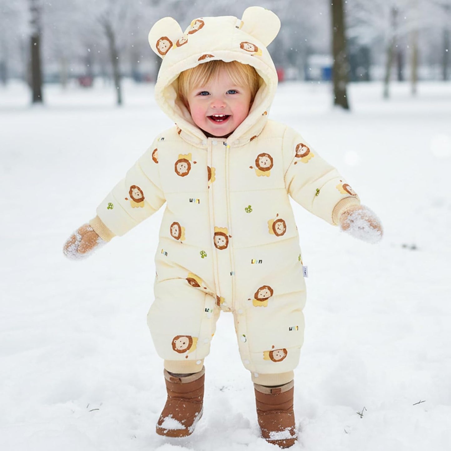 JiAmy Baby Snowsuit, Toddler Winter Romper Girls Boys Winter Jumpsuit with Hood Long Sleeve Jumpsuit Cute Prints for 3-24 Months