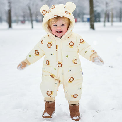 JiAmy Baby Snowsuit, Toddler Winter Romper Girls Boys Winter Jumpsuit with Hood Long Sleeve Jumpsuit Cute Prints for 3-24 Months