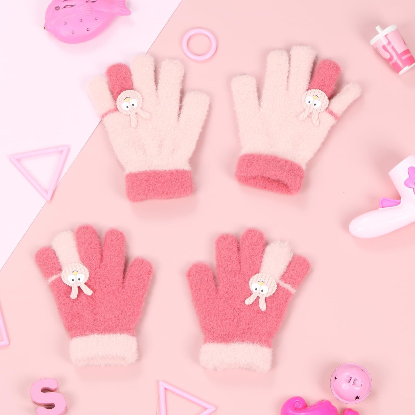 Becellen 2 Paar Winter Strickhandschuhe Kinder, 2 Farben Niedliche Magische Handschuhe Elastische Warme Vollfinger Handschuhe für Jungen Mädchen