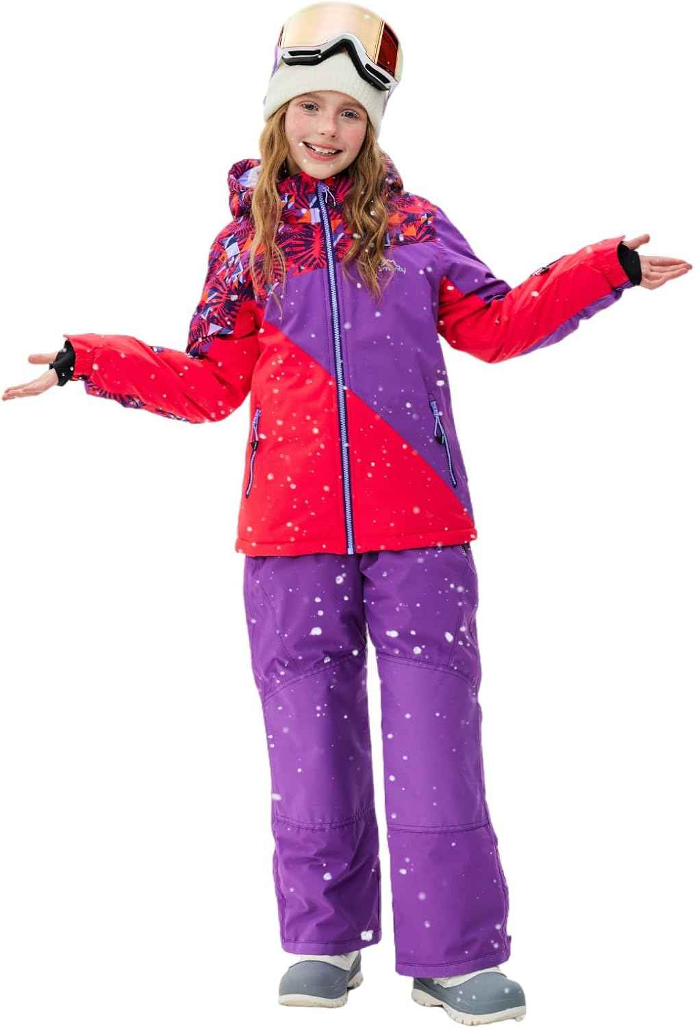 Children's Ski Suit Girls Waterproof Windproof and Warm 2-Piece with Hood 6-16 Years Outdoor Sports, Mountaineering, Skiing