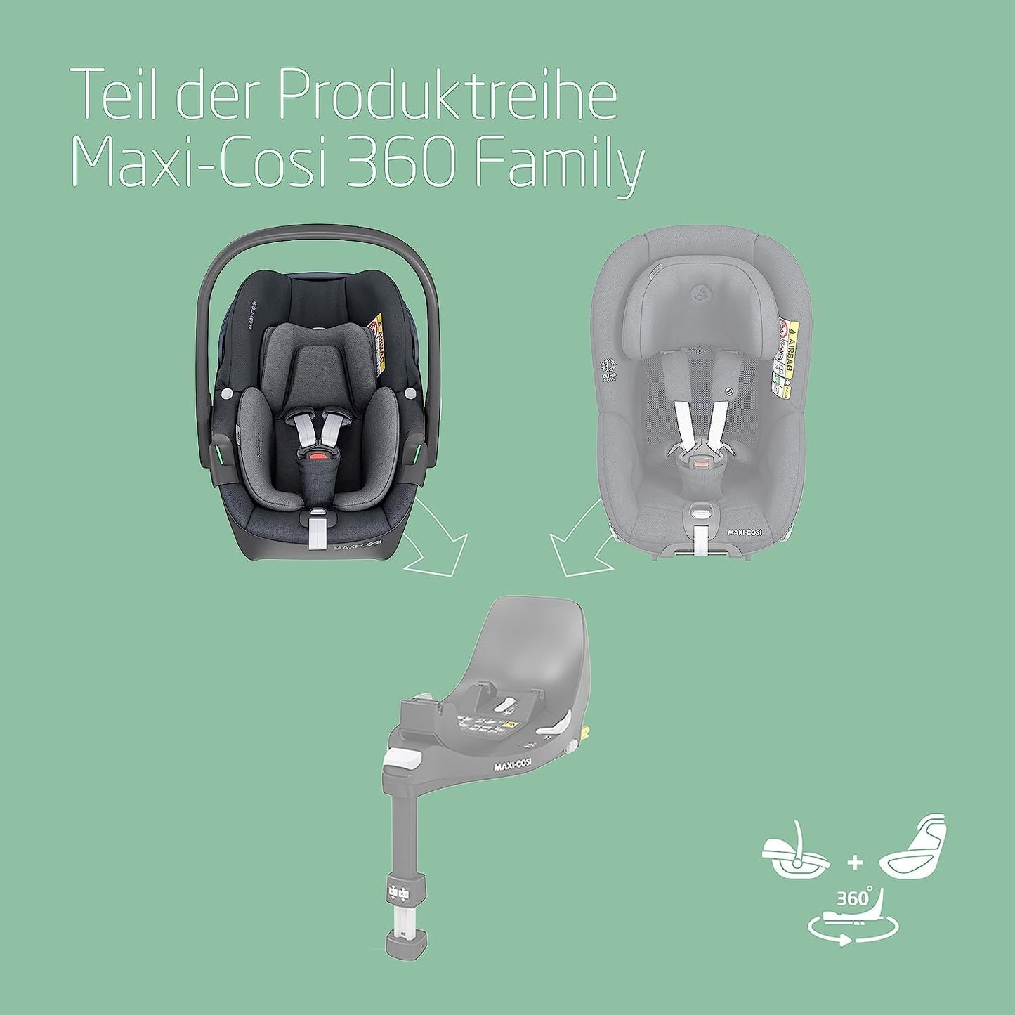 Maxi-Cosi Pebble 360 i-Size Babyschale Drehbar, Neugeborenen Autositz 360 Grad, 0–15 Monate (40–83 cm), Drehung mit einer, ClimaFlow, Easy-In-Gurt, G-CELL Seitenaufprallschutz, Essential Green