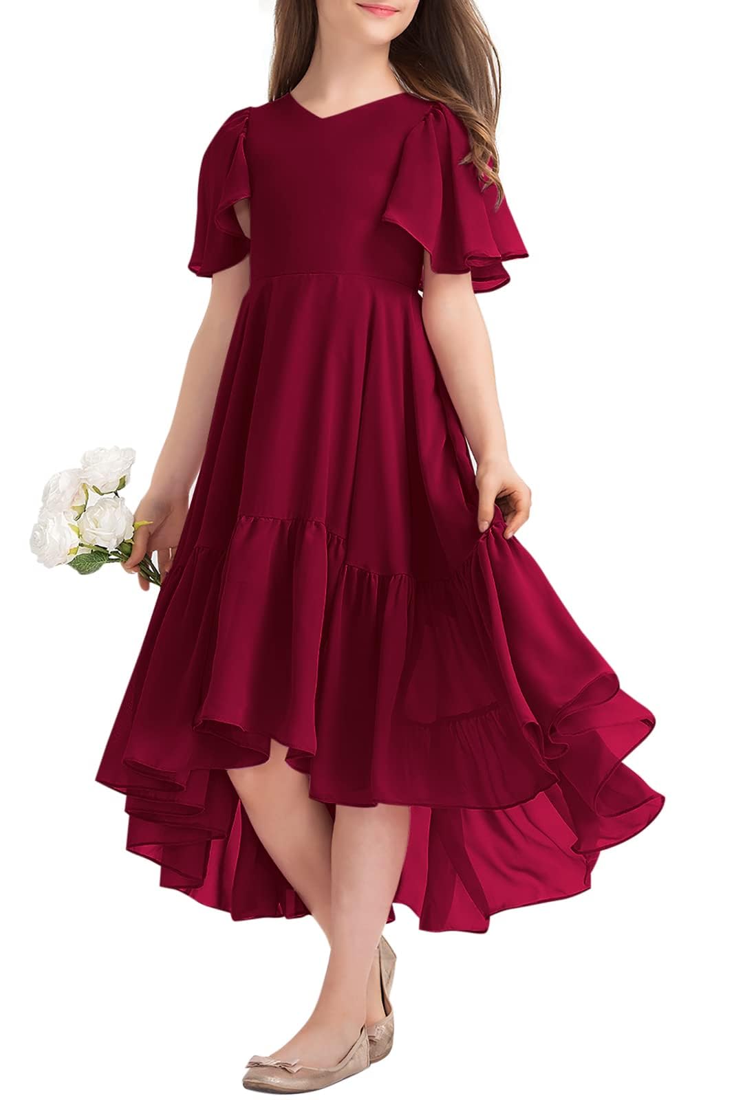 Haloumoning Mädchen Sommerkleid V-Ausschnitt Rüschenkleider Casual A Line Kleid Flowy Hoch Niedrig Lang Partykleid Elegant Langes Abendkleid