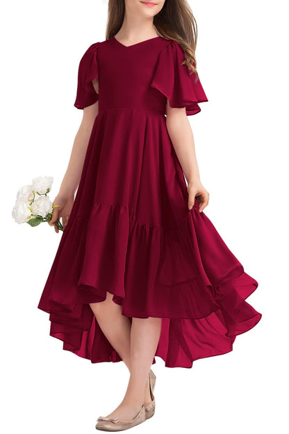 Haloumoning Mädchen Sommerkleid V-Ausschnitt Rüschenkleider Casual A Line Kleid Flowy Hoch Niedrig Lang Partykleid Elegant Langes Abendkleid