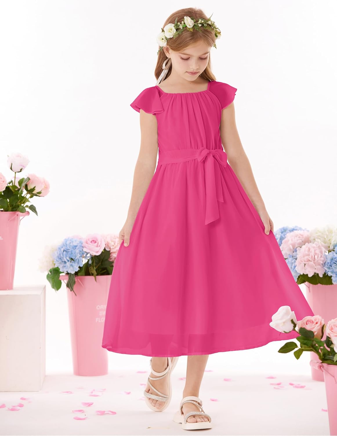 GRACE KARIN Girls Summer Dress Elegant Chiffon Princess Long Dress Wedding Guest Evening Dress for Teenage Girls 5-14 Years 