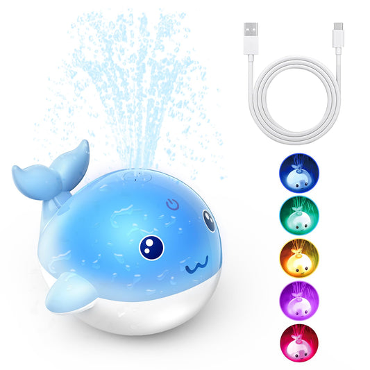 PHNIXGAM Baby Badewannenspielzeug, Wiederaufladbare Licht Up Wal Bad Spielzeug Sprinkler Badewanne Pool Wasser Brunnen Spielzeug für Kleinkinder Kinder, Blau