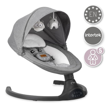 MoMi KENANI baby bouncer for children up to 9 kg, foldable, with remote control &amp; Bluetooth for connecting to a smartphone, battery or power connection, with 5-point safety belt, sun protection, insect net 