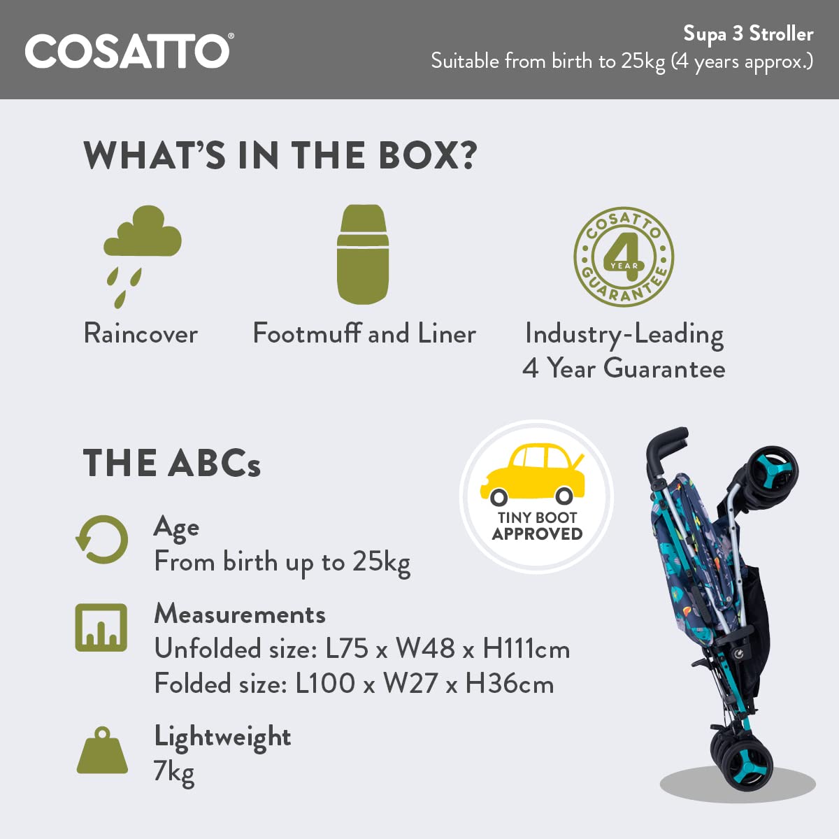 Cosatto Supa 3 Pushchair – Lightweight Stroller from Birth to 25kg - Compact Fold, Shopping Basket, Footmuff (Dragon Kingdom) | Mit UPF100+ Verdeck, Regenschutz und Sommerauflage für komfortable Fahrten bei jedem Wetter.