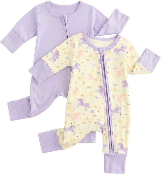 2er Pack Baby Schlafanzug Strampler Neugeborene Jungen Mädchen,Viskose Aus Bambus,mit Fußteil Und Umklappbaren Fäustlingen für 0-24 Monate
