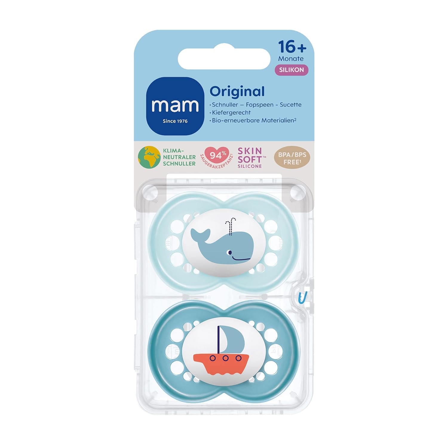MAM Original Schnuller im 2er-Set, zahnfreundlicher Baby Schnuller aus nachhaltigen & bio-erneuerbaren Materialien, Sauger aus MAM SkinSoft Silikon, mit Schnullerbox, 0-6 Monate, Hase/Reh - Meloni2