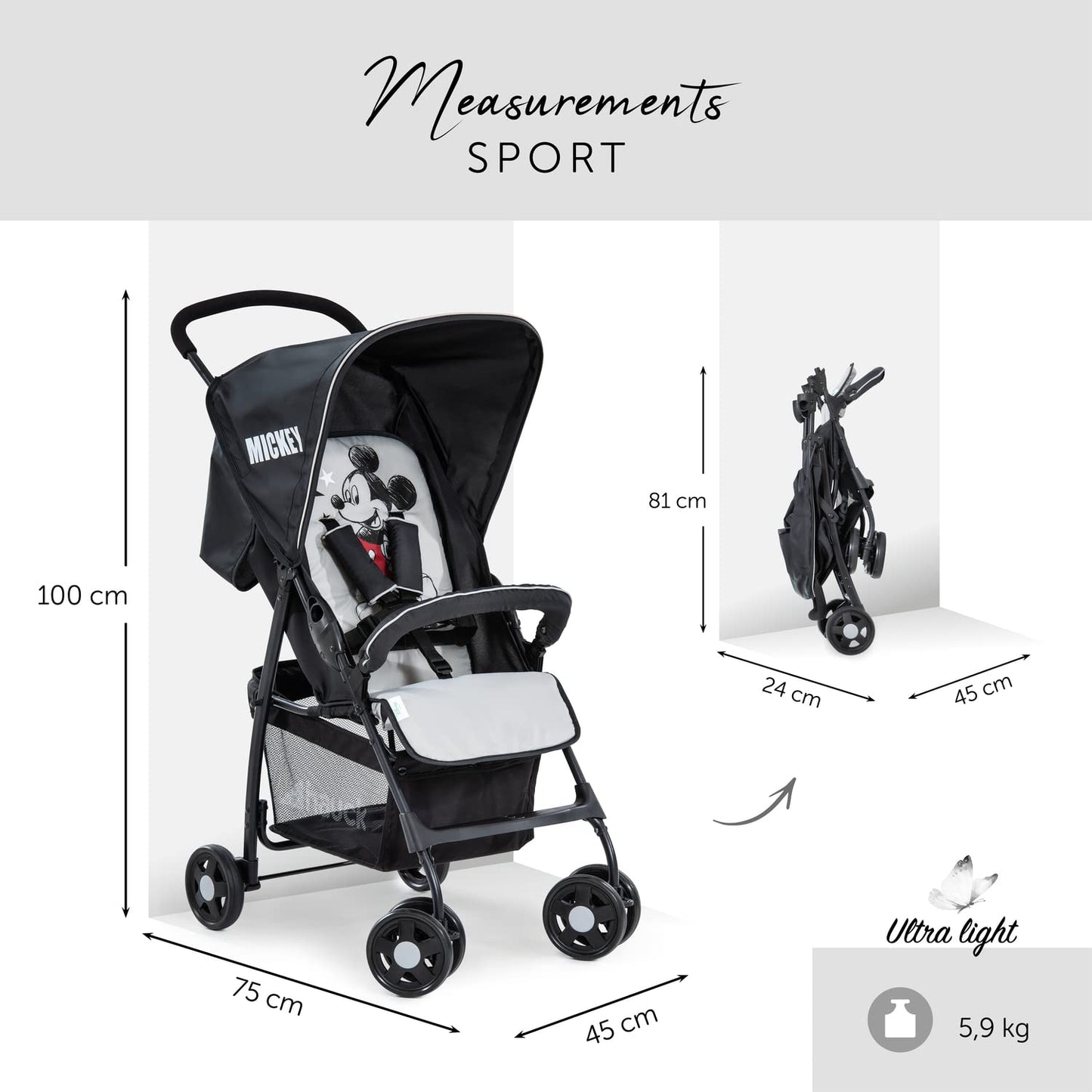 Hauck Lightweight Stroller up to 18 kg with reclining function from birth, small foldaway, sun canopy, large basket