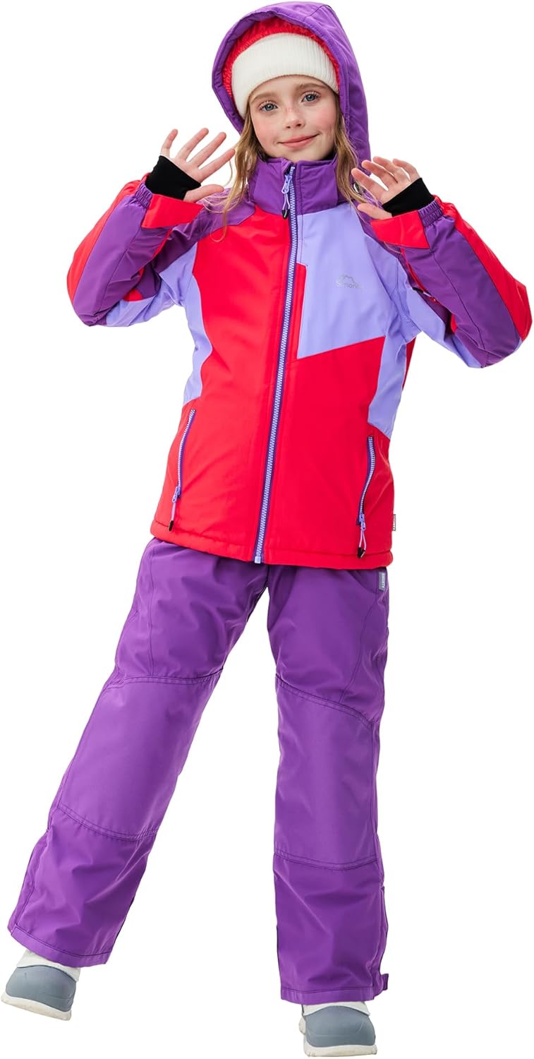 Children's Ski Suit Girls Waterproof Windproof and Warm 2-Piece with Hood 6-16 Years Outdoor Sports, Mountaineering, Skiing