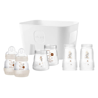 MAM Easy Start Anti-Colic Combi-Set, Babyflaschen Set mit 6 Flaschen gegen Koliken (2 x 130 ml, 160 ml, 260 ml) & Flaschenkorb, Babyausstattung ab der Geburt, beige
