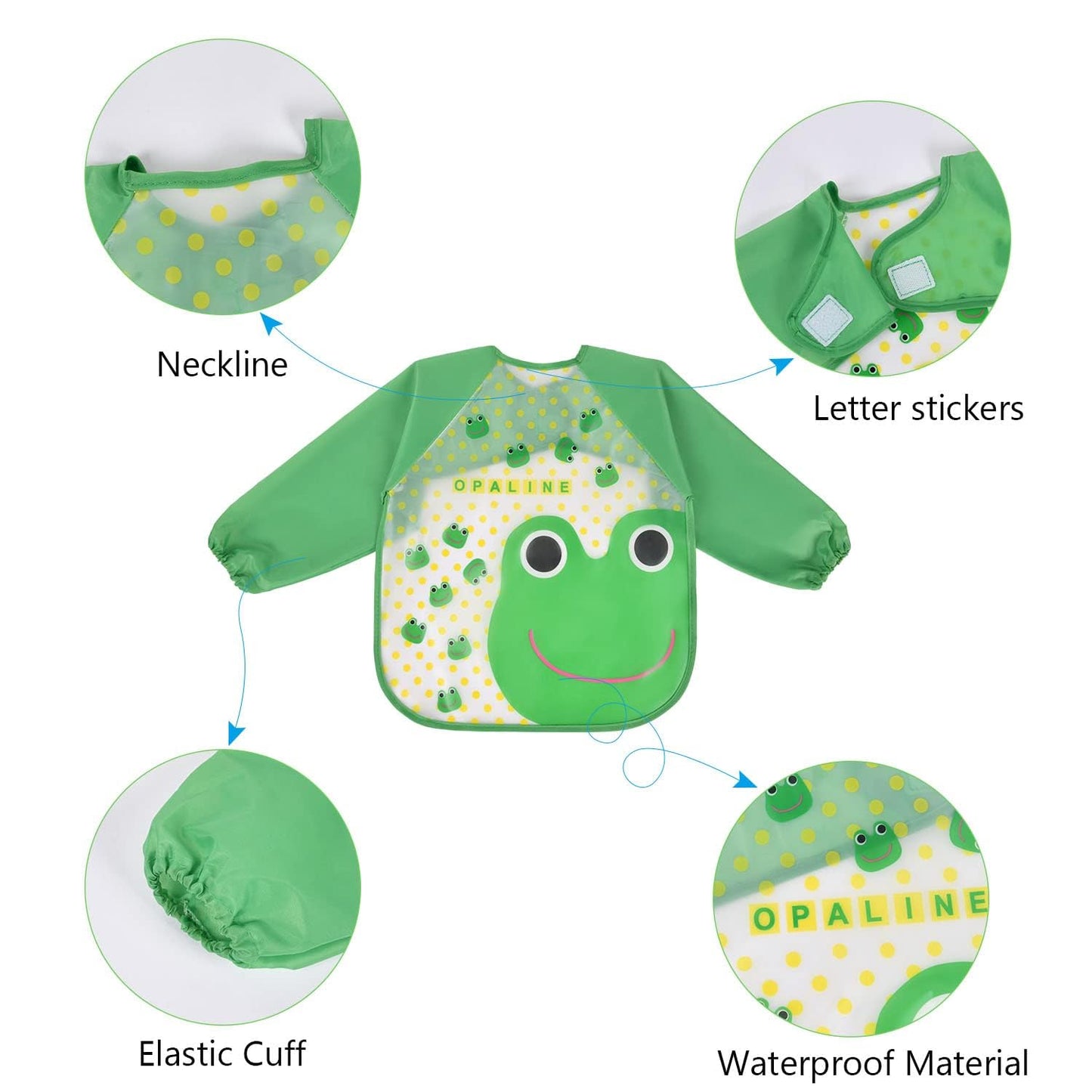 Vicloon Waterproof Baby Bibs, 5pcs Baby Bibs with Long Sleeves, Sleeved Bibs, Unisex Bib Set for Eating, Arts, Crafts, Painting, Playing (Pink, Blue, Green, Yellow) 