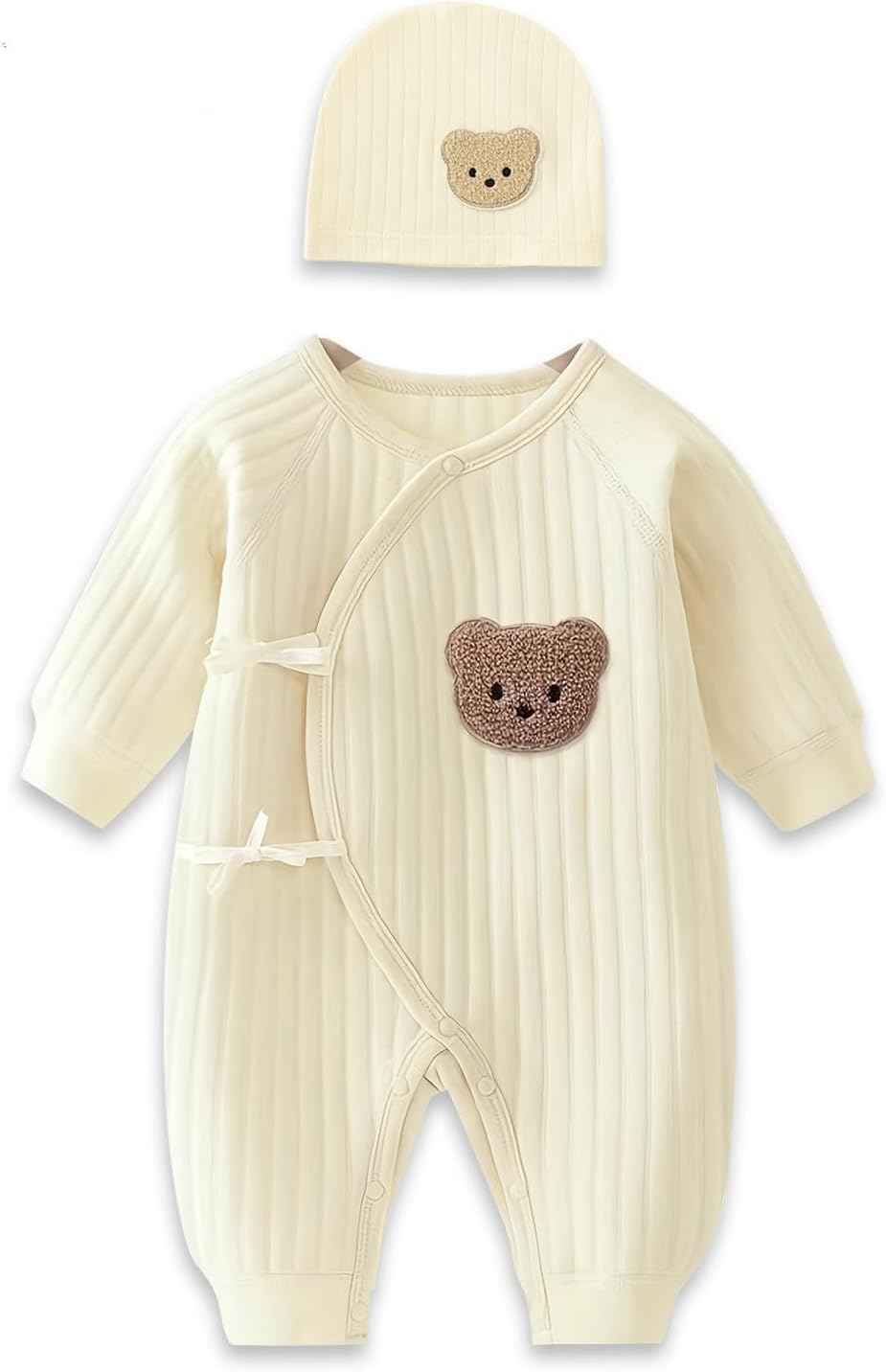 Babyfond 1 Pack Baby Bodysuit, Newborn Baby Warm Cotton Bodysuit with Hat, 100% Cotton Toddler Homewear Thickened Spring and Autumn Clothing