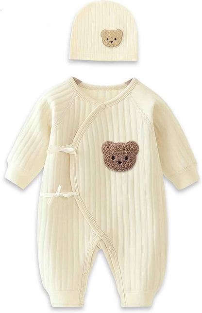 Babyfond 1 Pack Baby Bodysuit, Newborn Baby Warm Cotton Bodysuit with Hat, 100% Cotton Toddler Homewear Thickened Spring and Autumn Clothing