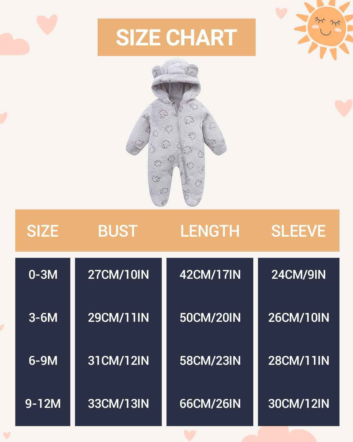 JiAmy Baby Snowsuits with Hood, Baby Jumpsuit Winter Fleece Romper Newborn Boy and Girl One Piece Suit for 0-12 Months