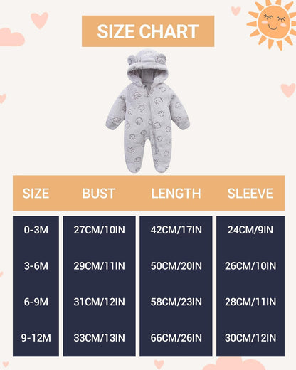 Baby Schneeanzüge mit Kapuze, Baby Overall Winter Fleece Strampler Neugeborenen Junge und Mädchen Einteiler Anzug für 0-12 Monate