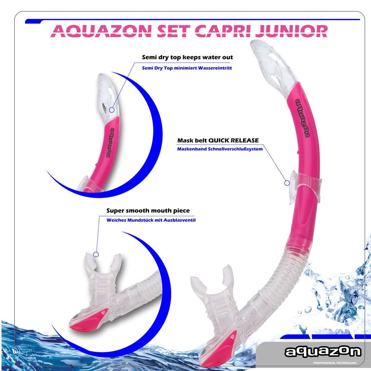 AQUAZON Capri extra Komfortables Kinder Schnorchelset, Taucherbrille mit superweichem Silikon, 7-12 Jahre, glasklarer Blick durch temperiertes Glas