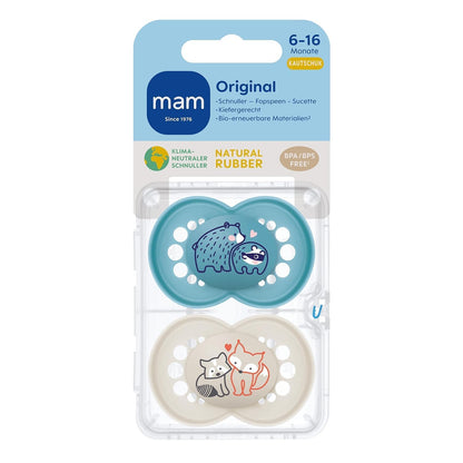 MAM Original Latexschnuller im 2er-Set, Schnuller aus nachhaltigen, bio-erneuerbaren Materialien, Baby Schnuller mit symmetrischem & kiefergerechtem Sauger, 0-6 Monate, Hase/Reh - Meloni2