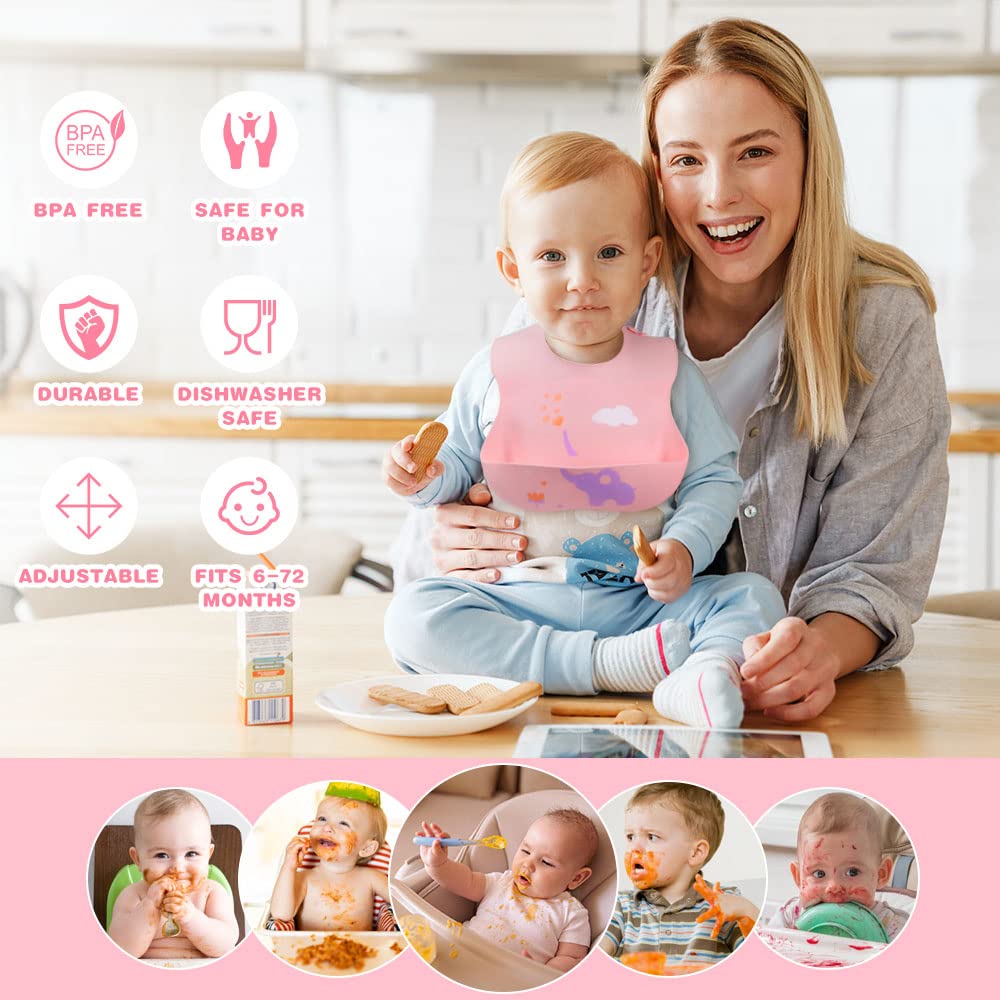 Vicloon Silikon Baby Lätzchen, 2 Stück Baby Lätzchen mit Auffangschale, BPA Frei, Einfache Reinigung, Wasserdicht Silikon-lätzchen für Jungen Mädchen, Kaninchen-Einhorn（Rosa）