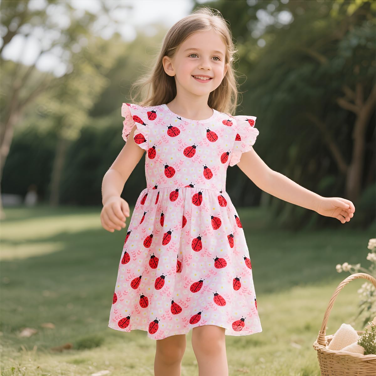 EULLA Kinder Mädchen Kleid Kurzarm Lässig A-Linie Regenbogenstreifen Erdbeere Marienkäfer Schmetterling Kleider Gr.92 98 104 110 116 122
