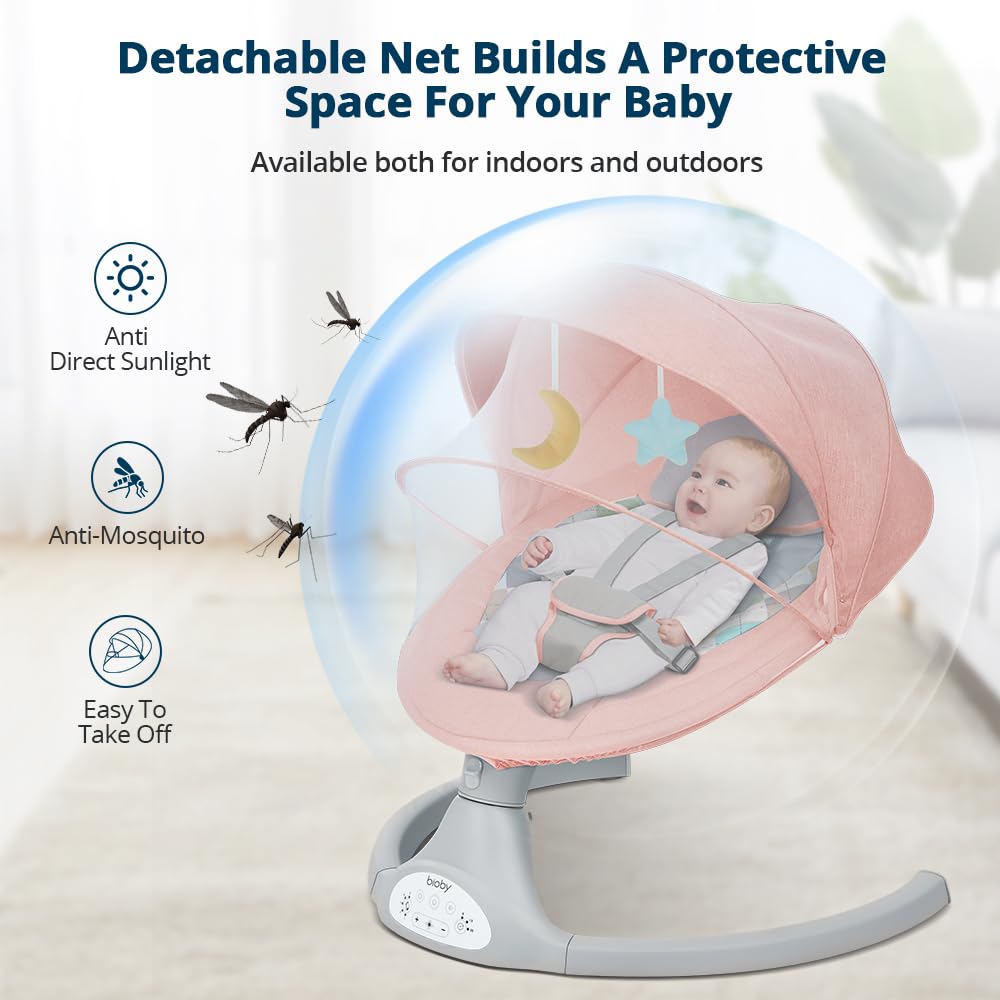 Bioby Elektrische Babywippe | Babyschaukel mit 5-Punkt-Gurt & 5 Schaukelmodi, Leicht & Sicher Wippe Baby Elektronisch mit Bluetooth-Musik & Fernbedienung, für 0-12 Monate (2-9 kg), Grau