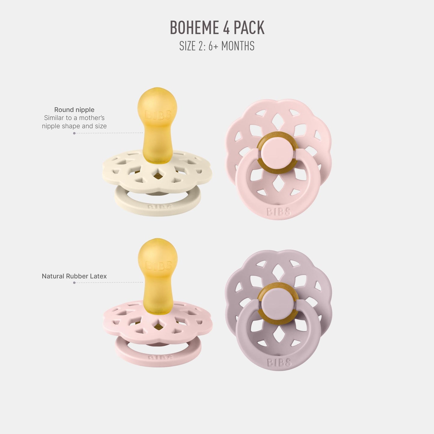BIBS Boheme Schnuller 4er-Pack. BPA-frei, Kirschform Nippel. Naturkautschuk/Latex, Hergestellt in Dänemark. Größe 1/2, (0-6 Monate/6-18 Monate), (4er Pack), Vanilla Mix