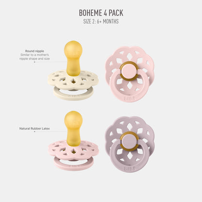 BIBS Boheme Schnuller 4er-Pack. BPA-frei, Kirschform Nippel. Naturkautschuk/Latex, Hergestellt in Dänemark. Größe 1/2, (0-6 Monate/6-18 Monate), (4er Pack), Vanilla Mix
