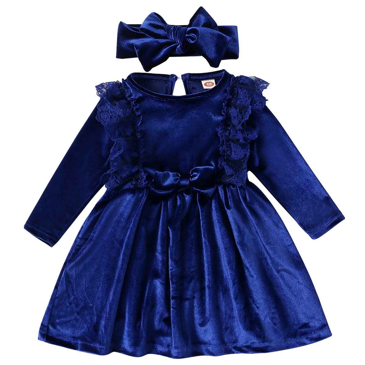 Baby Dress Girls Long Sleeve Lace A Line Princess Velvet Dress + Headband Wedding Festive Autumn Winter Clothing